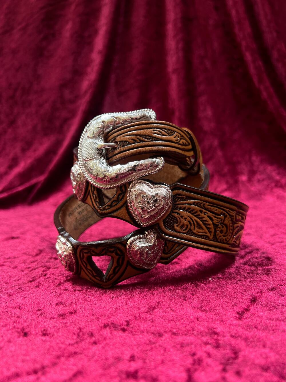 Vintage Nocona Leather Belt Tooled Heart Cutout Silver Concho Belt USA 34-37.75"
